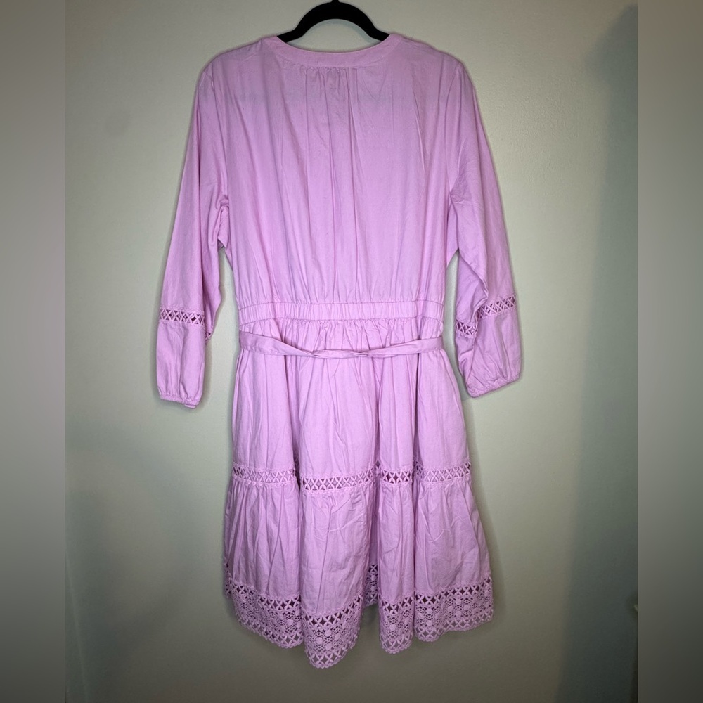 Wonderly Pink Cotton Lace Trim Tiered Dress Women's XL Belted Boho Midi - Picture 4 of 4